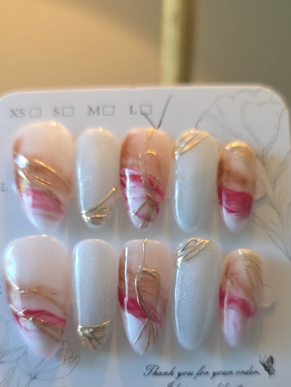 Hand-Painted Pink Marble & Gold Accent Press-On Nails Size Large